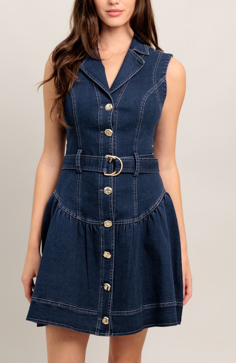 FLYING TOMATO Belted Sleeveless Denim Minidress, Alternate, color, Medium Indigo
