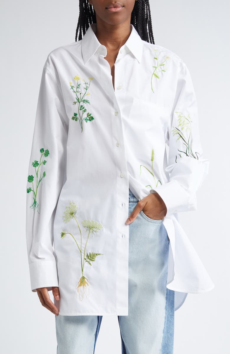 Stella McCartney Floral Embroidered Cotton Poplin Button-Up Shirt, Main, color, 