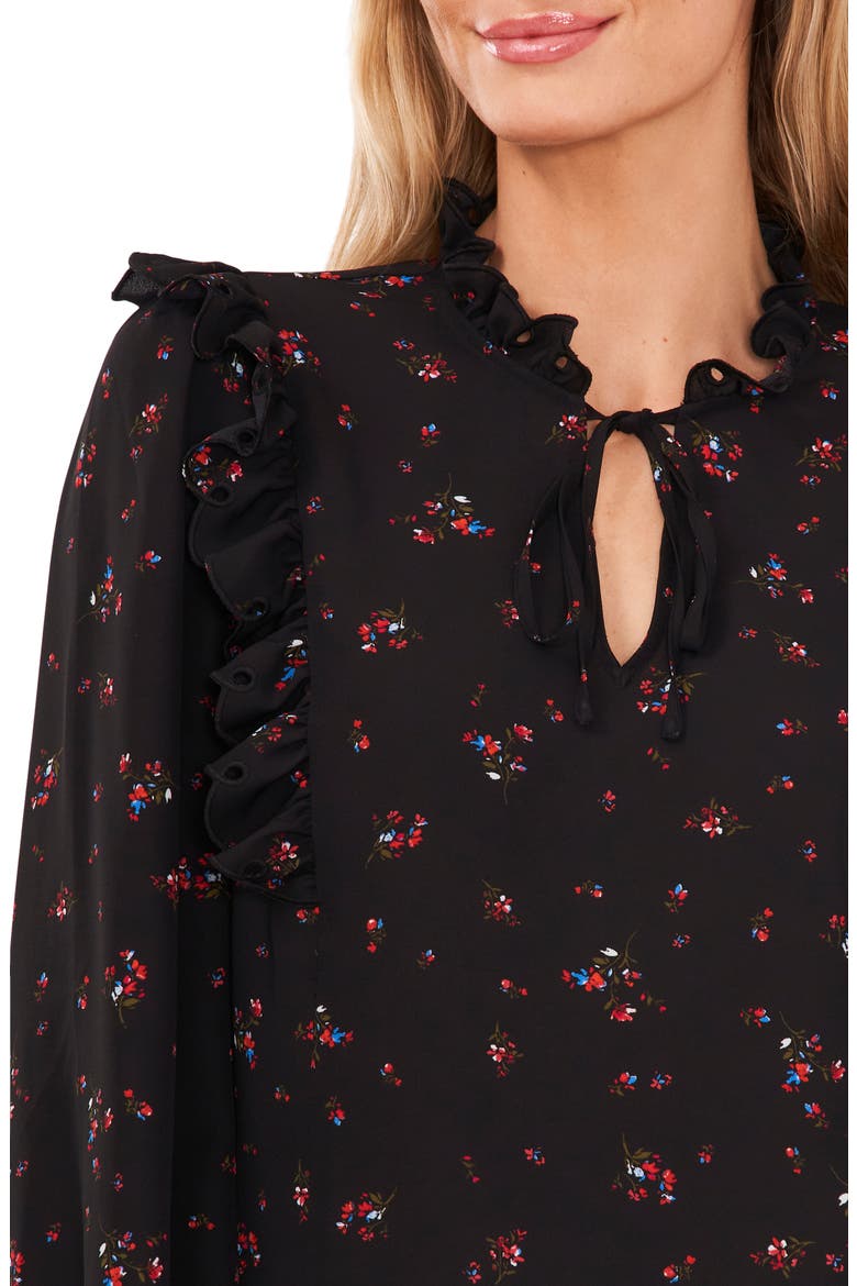 Floral Ruffle Split Neck Blouse, Alternate, color, RICH BLACK
