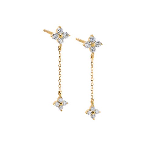 Floral Diamond Chain Drop Earrings 14K