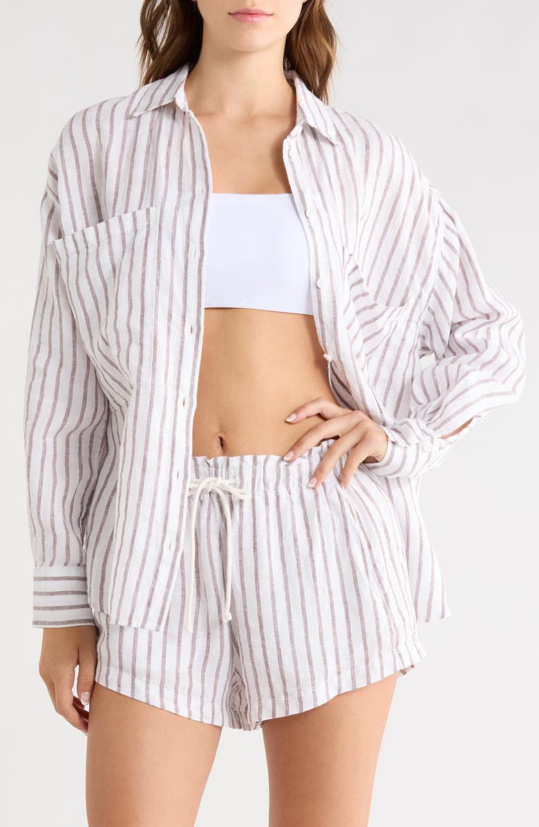 LEFT ON FRIDAY Getaway Stripe Linen Cover-Up Shirt, Main, color, Classic Stripe Stormy Coconut