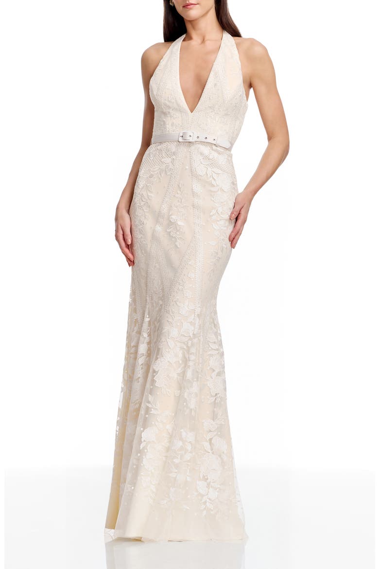 Devin Embroidered Lace Halter Evening Gown, Main, color, OFF WHITE