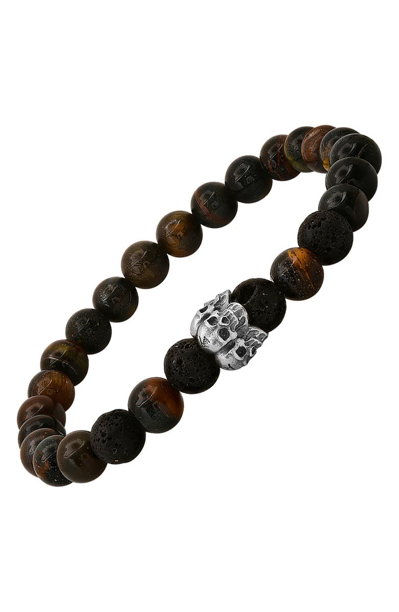 HMY JEWELRY Sterling Silver Tiger's Eye & Lava Bead Stretch Bracelet, Alternate, color, Brown/Black
