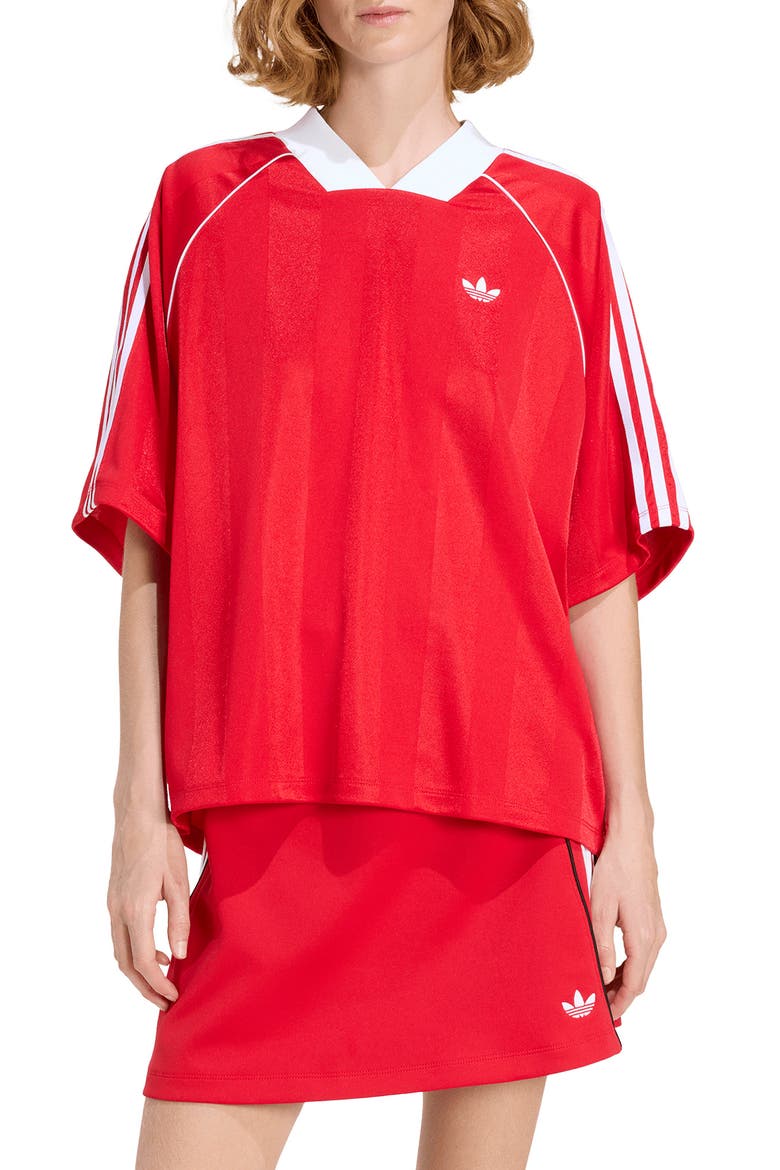 3-Stripes Jacquard V-Neck Top, Main, color, BETTER SCARLET/