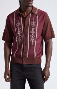 AMIRI Paneled Short Sleeve Wool Blend Button-Up Sweater Shirt
