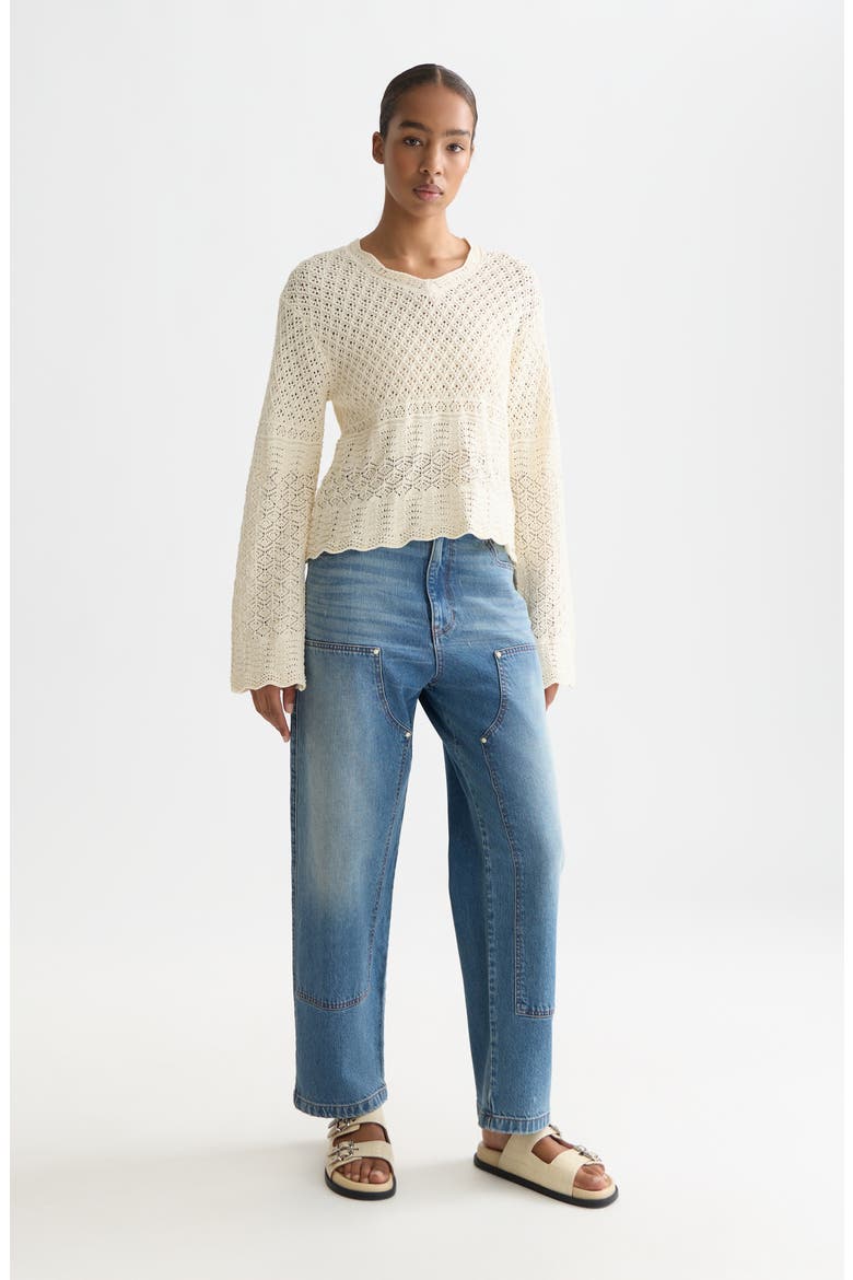 Pointelle V-Neck Sweater, Alternate, color, EGGNOG