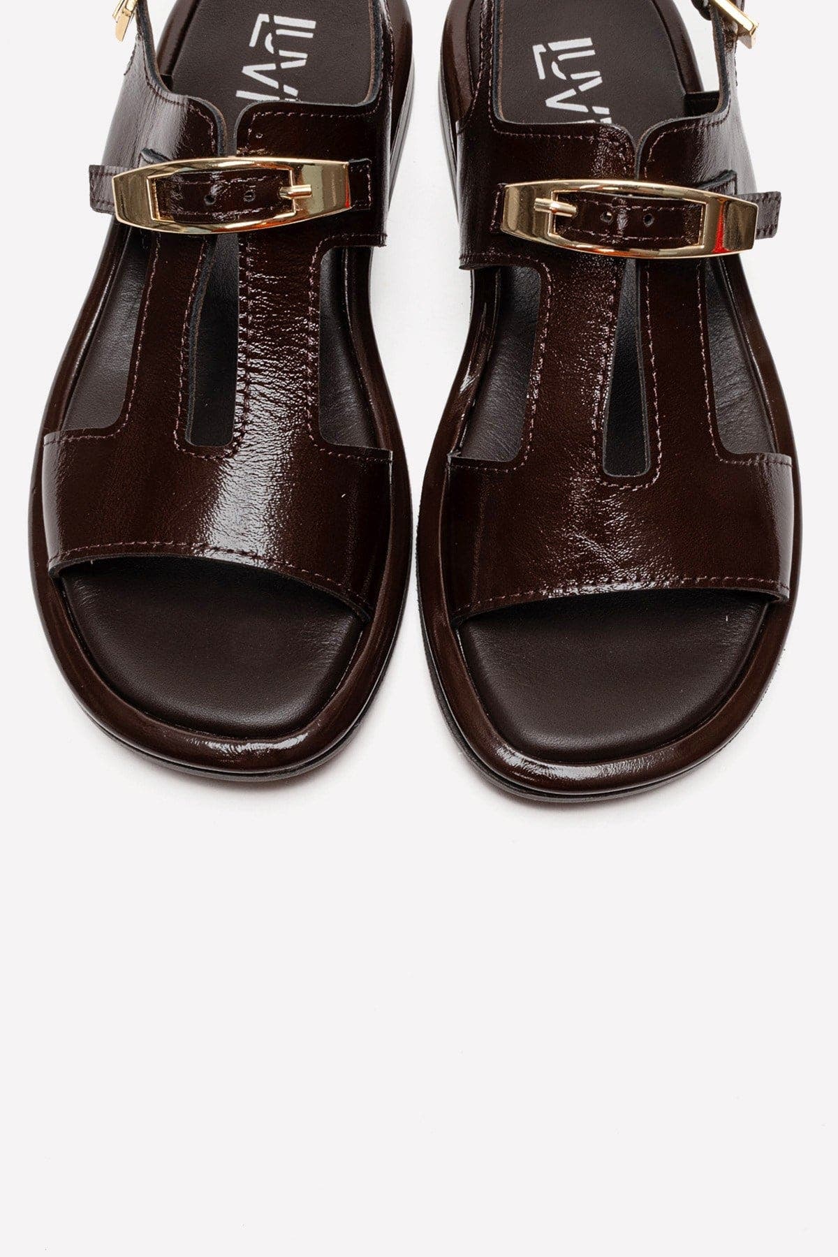 Auren Leather Buckle Sandal, Alternate, color, Brown Patent