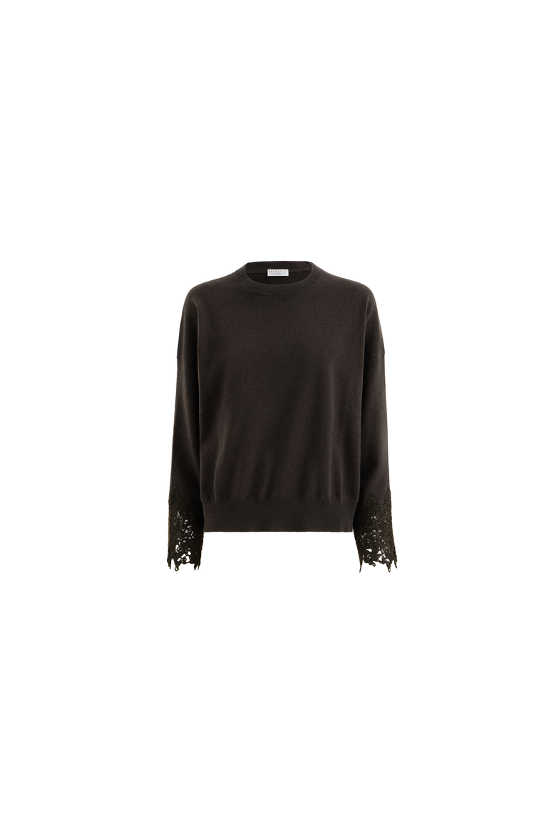 Cashmere sweater with wispy lace cuffs, Alternate, color, Coffee