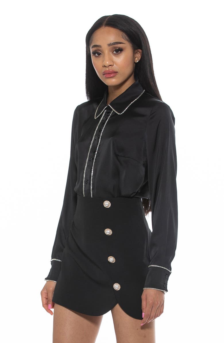 Alexia Admor Rachel Rhinestone Trim Satin Button-Up Blouse, Alternate, color, 