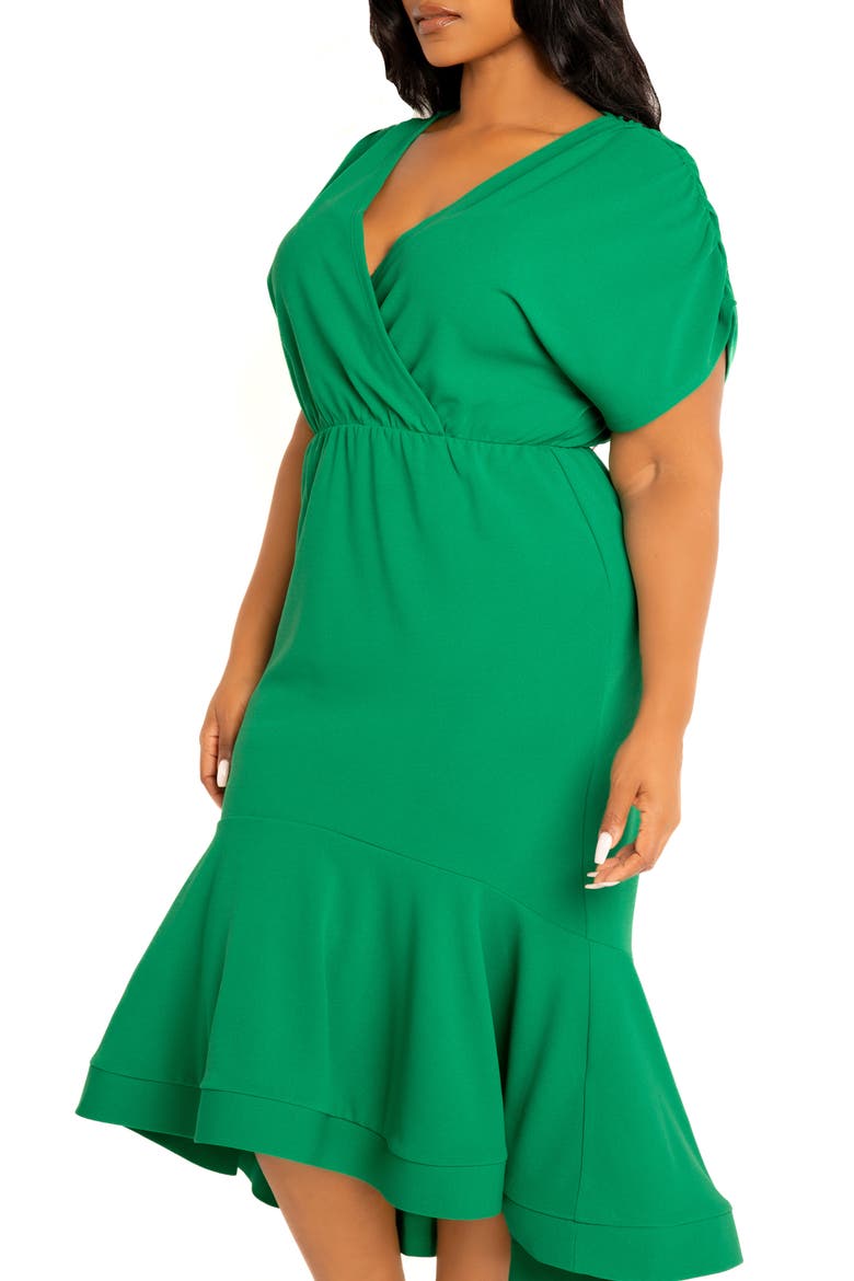 Wrap Front Flounce Hem High-Low Mermaid Midi Dress, Alternate, color, GREEN