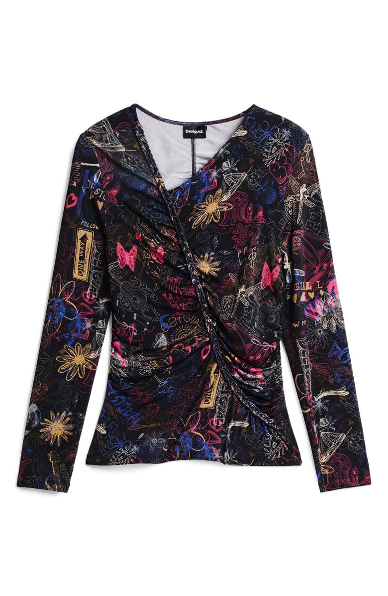 Desigual Doodle Print Asymmetric Ruched Crop Top, Alternate, color, 