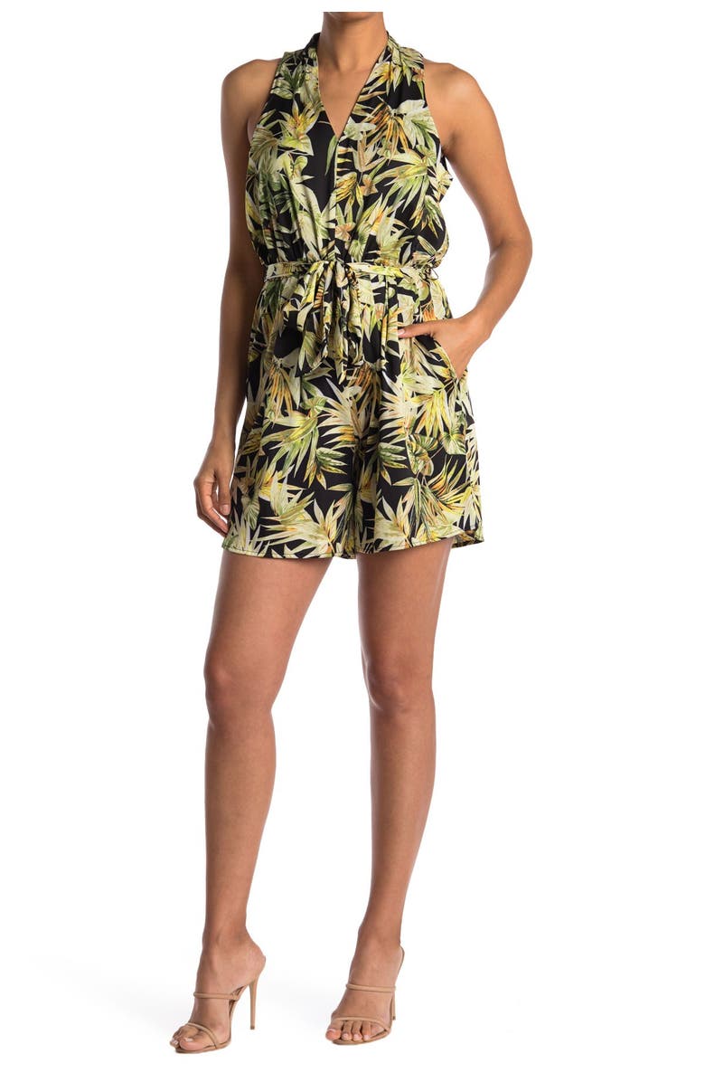 London Times Plunge Neck Tie Waist Tropical Print Romper, Main, color, 