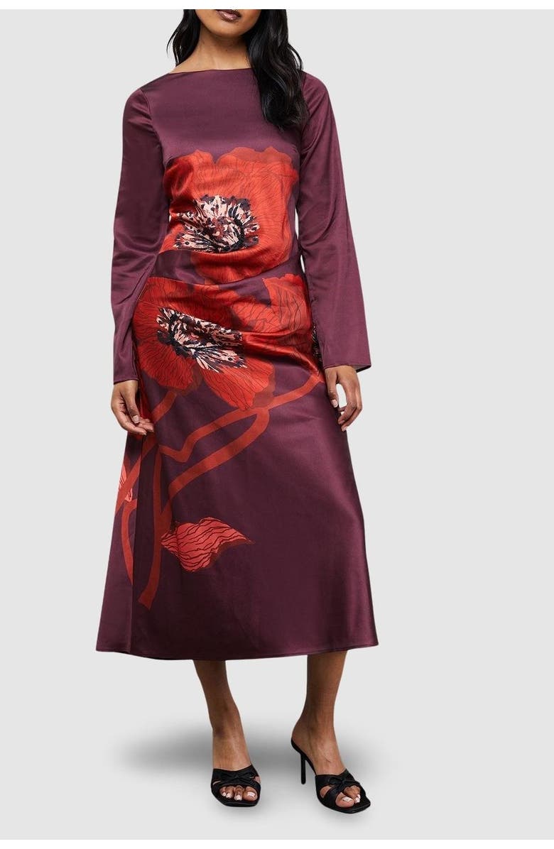 Warehouse Floral Placement Print Satin Midi Dress, Alternate, color, Dark Red