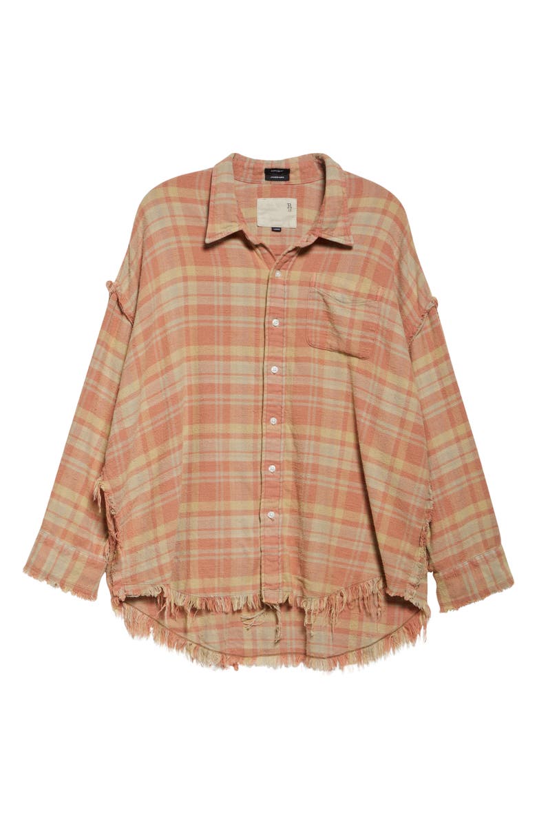 R13 Shredded Seam Drop Neck Plaid Flannel Button-Up Shirt, Alternate, color, Washed-Out Red/ Khaki Plaid