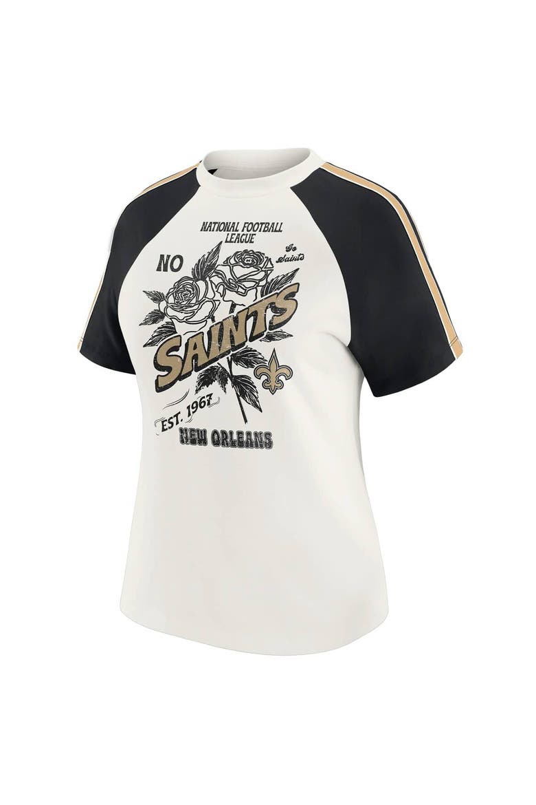 Women's WEAR by Erin Andrews White New Orleans Saints Sleeve Stripe Distressed Raglan T-Shirt, Alternate, color, White