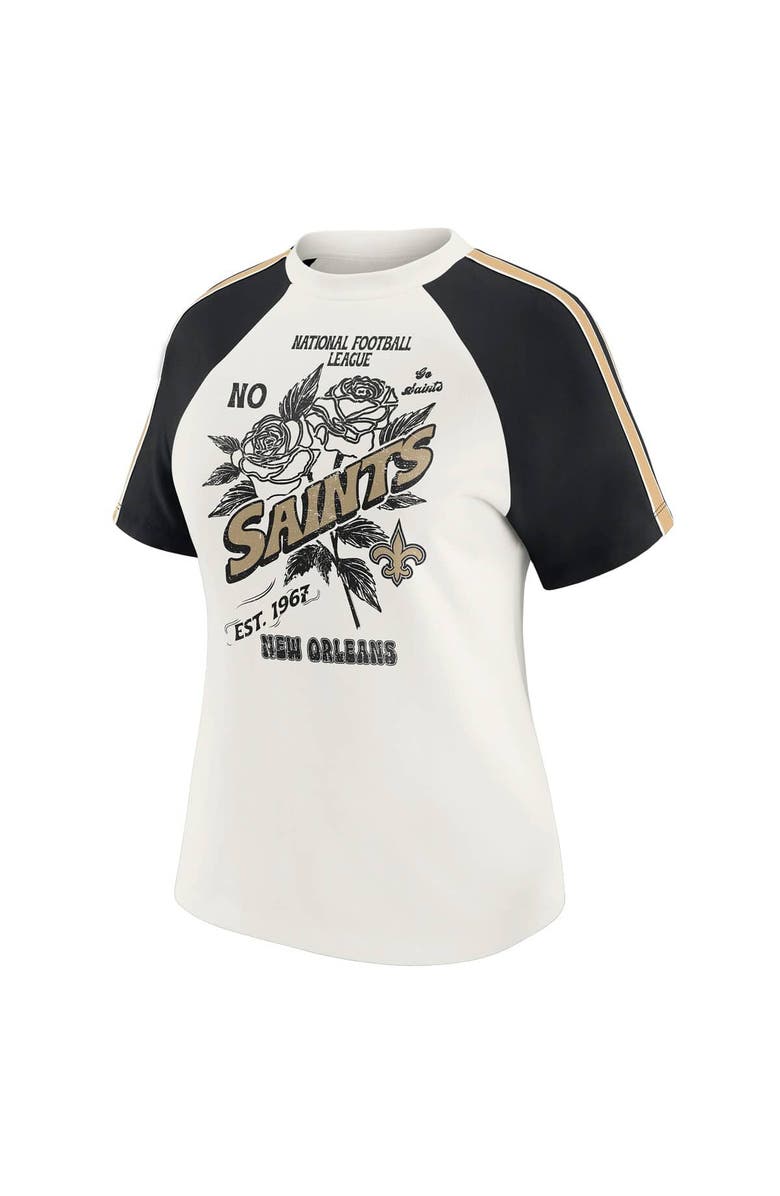 WEAR by Erin Andrews Women's WEAR by Erin Andrews White New Orleans Saints Sleeve Stripe Distressed Raglan T-Shirt, Alternate, color, White