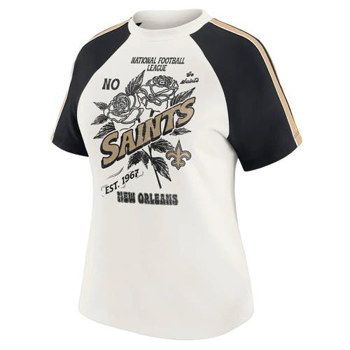 Wear By Erin Andrews White New Orleans Saints Sleeve Stripe Distressed Raglan T-shirt In White