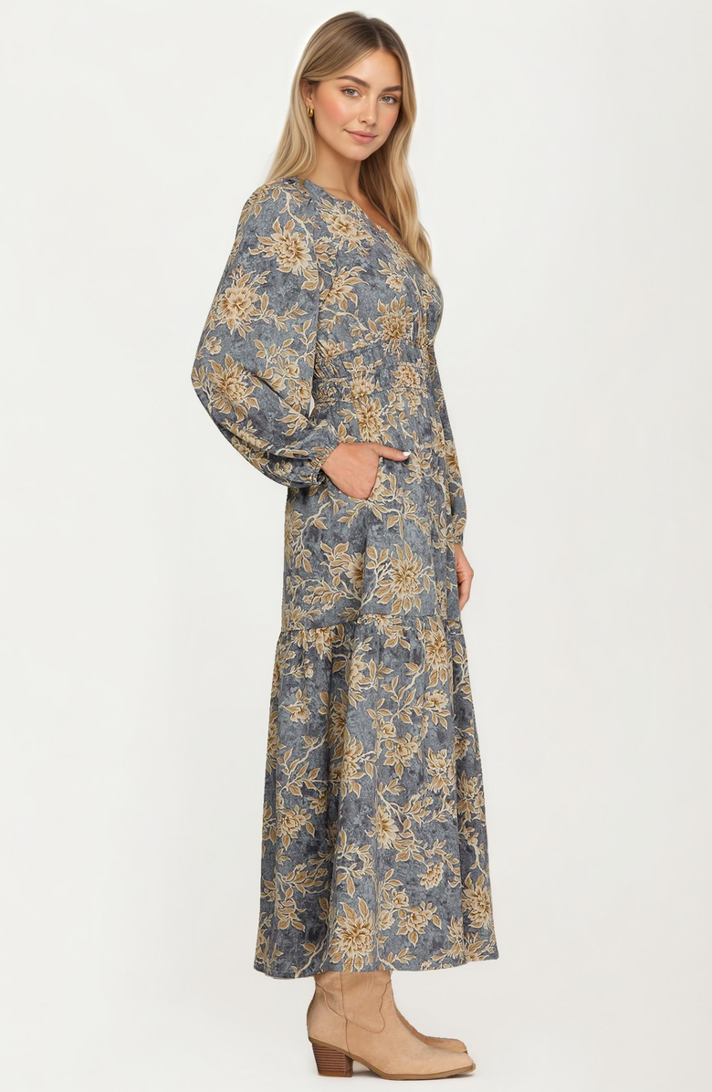 Knit and Lounge Floral Print Long Sleeve Maxi Dress with Smocked Waist, Alternate, color, 