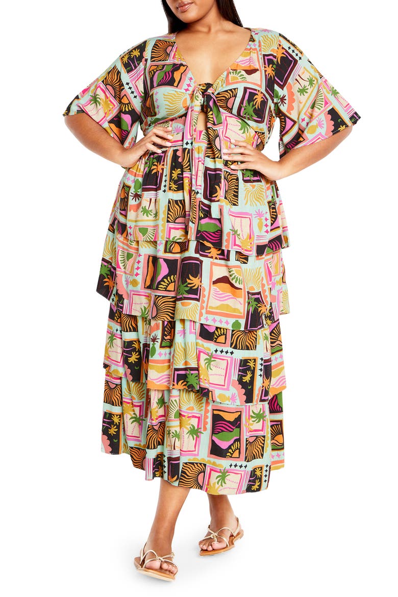 Ana Tie Front Tiered Midi Dress, Main, color, POSTCARDS