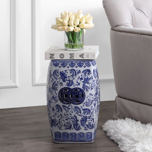 Jonathan Y Floral Vine 18.5" Chinoiserie Ceramice Square Garden Stool In Blue/white