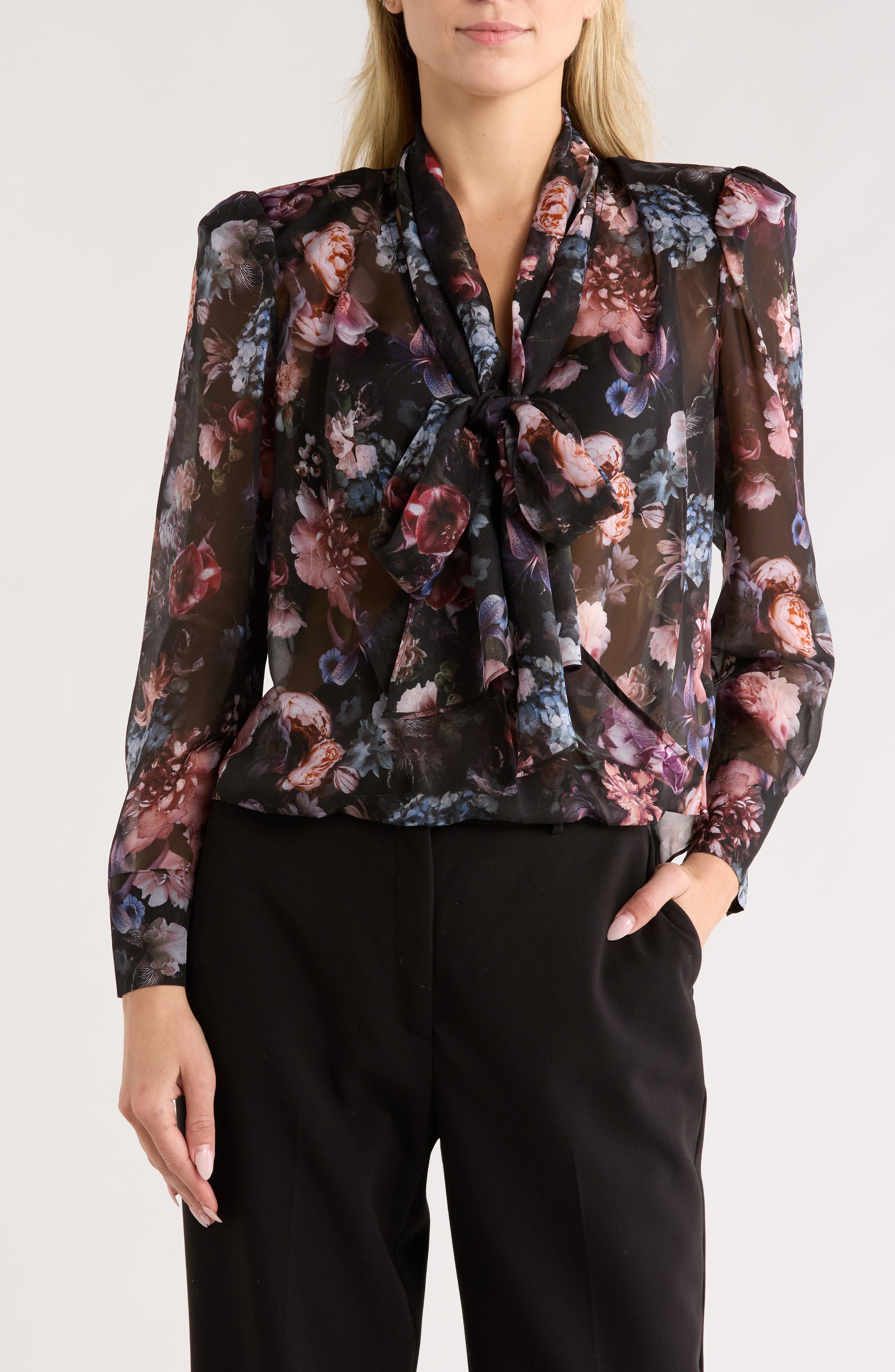 L'AGENCE Cambria Floral Tie Neck Silk Top