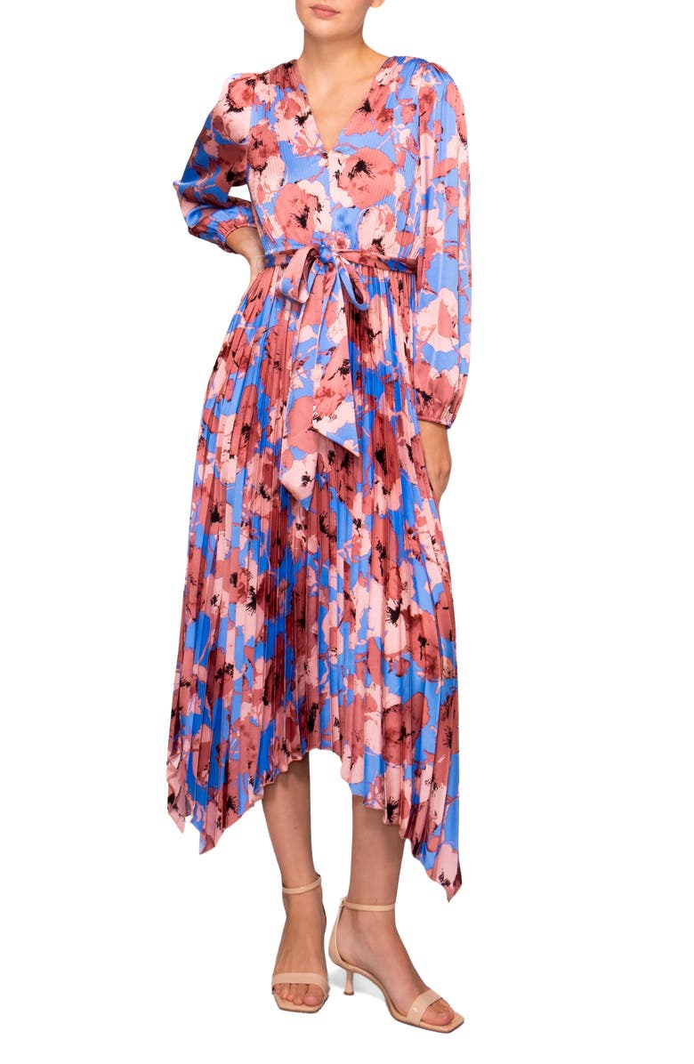 MELLODAY Pleated Asymmetrical Maxi Dress, Main, color, Blue Blush Floral