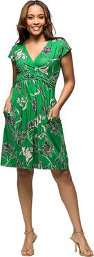 24seven Comfort Apparel Maternity Cap Sleeve Green Floral V-Neck Knee Length Pocket Dress