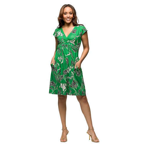 24seven Comfort Apparel Maternity Cap Sleeve Green Floral V-neck Knee Length Pocket Dress In Green