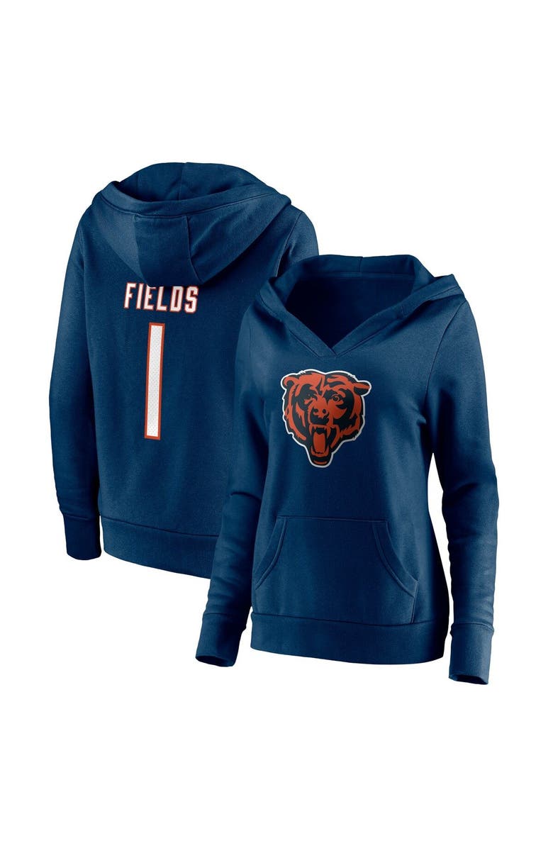 FANATICS Women's Fanatics Branded Justin Fields Navy Chicago Bears Player Icon Name & Number V-Neck Pullover Hoodie, Main, color, 