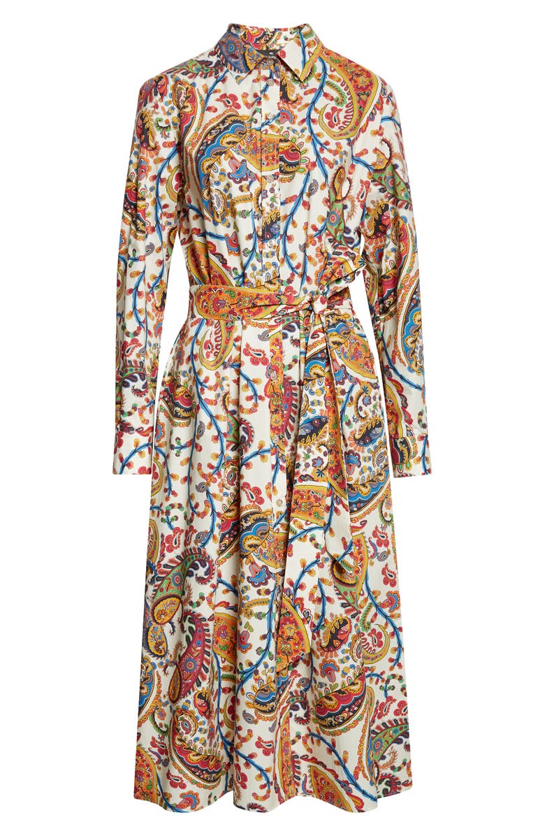 Etro Floral Paisley Belted Cotton Poplin Shirtdress, Main, color, Print On White Base