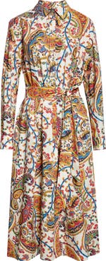 Etro Floral Paisley Belted Cotton Poplin Shirtdress