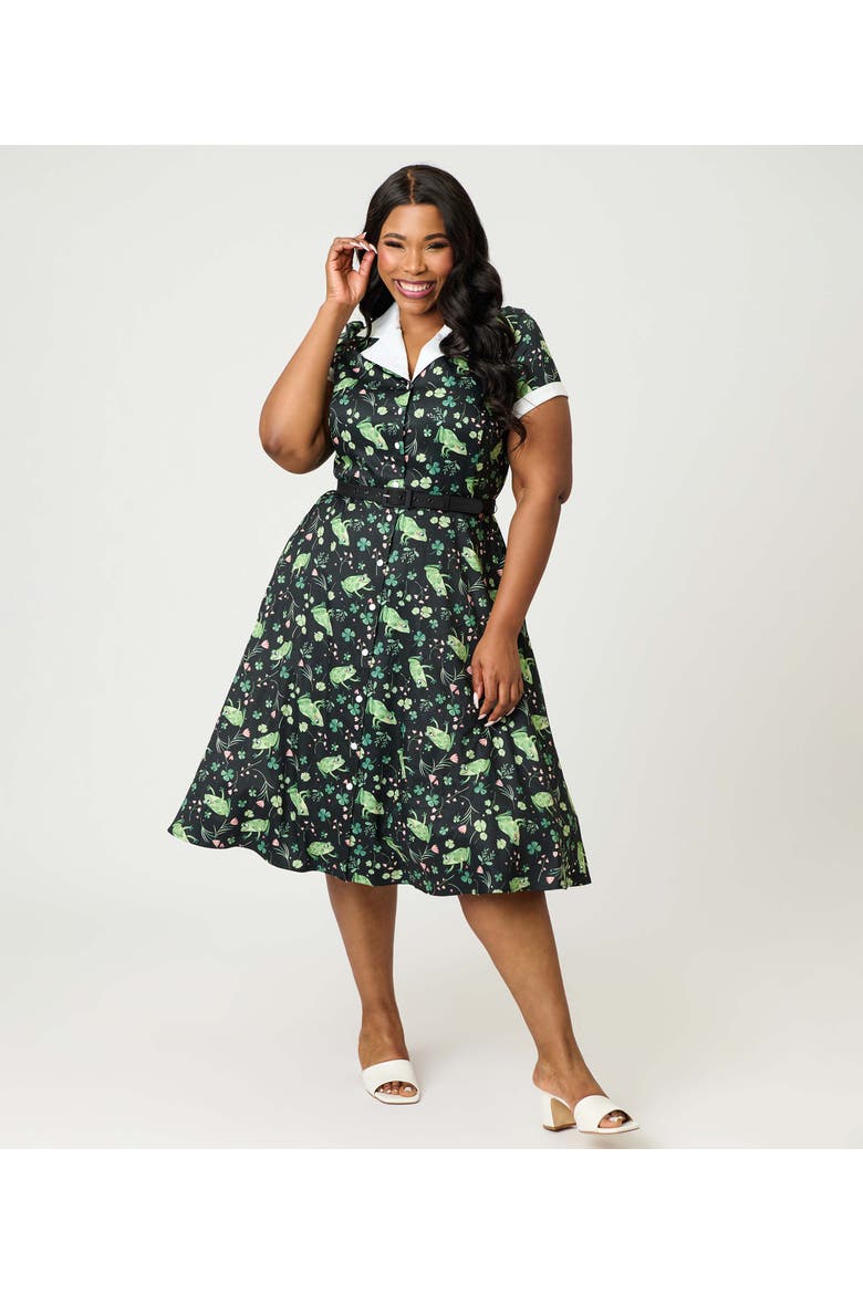 Plus Size Collared Short Sleeved Belted Alexis Swing Dress, Main, color, Black & Green Frog Print