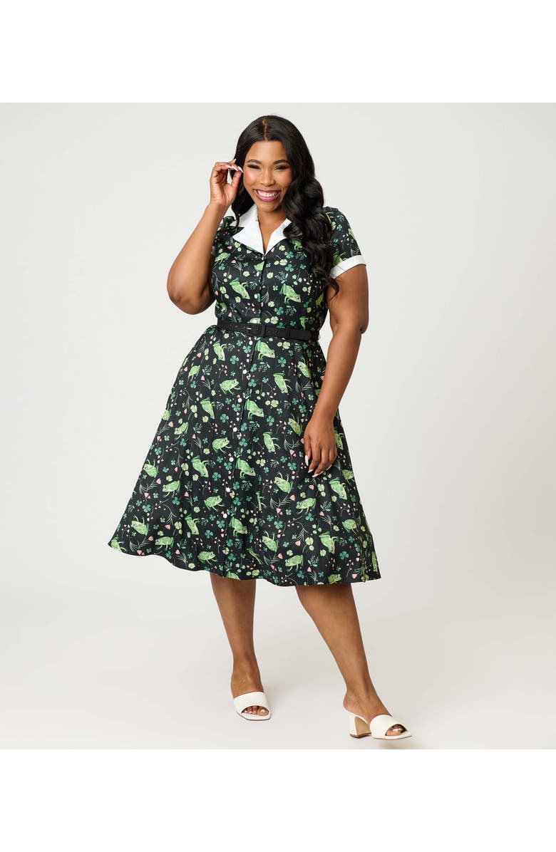 Unique Vintage Plus Size Collared Short Sleeved Belted Alexis Swing Dress, Main, color, Black & Green Frog Print