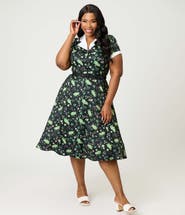 Unique Vintage Plus Size Collared Short Sleeved Belted Alexis Swing Dress