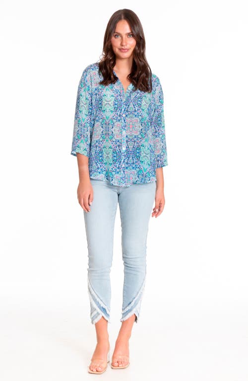 Apny Print Mandarin Collar Chiffon Button-up Top In Blue Multi