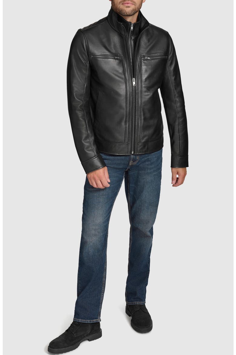 Leather Moto Jacket with Attached Bib, Alternate, color, BLACK