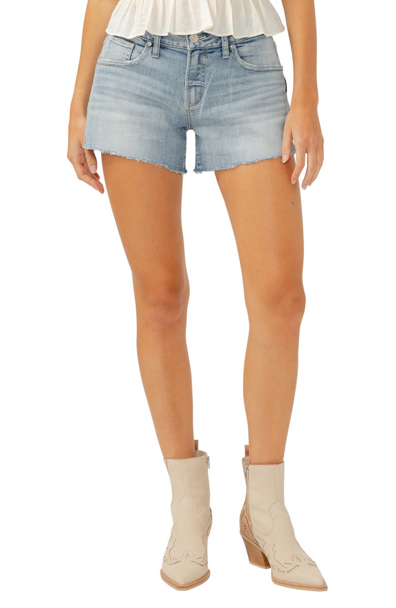 Silver Jeans Co. Curvy Raw Hem Mid Rise Denim Boyfriend Shorts, Main, color, 