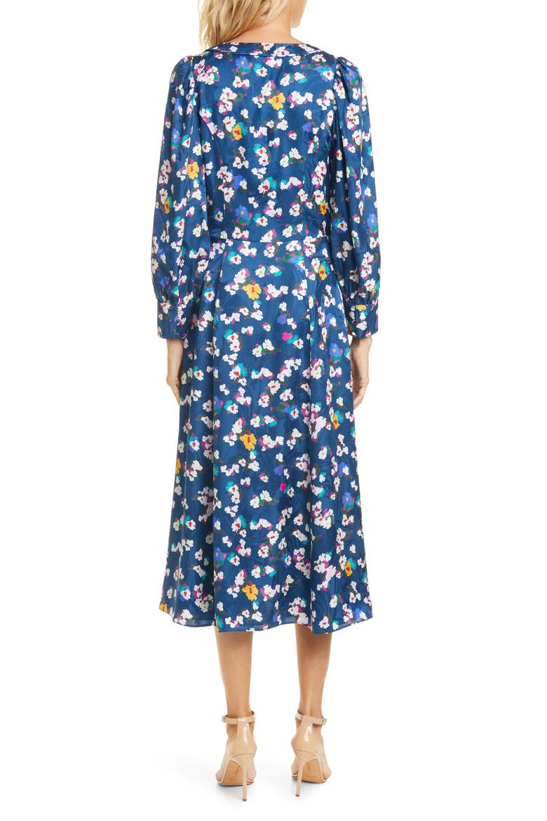 Thelma Floral Silk Jacquard Long Sleeve Silk Midi Dress, Alternate, color, BRUSHED FLORAL LARGE NAVY