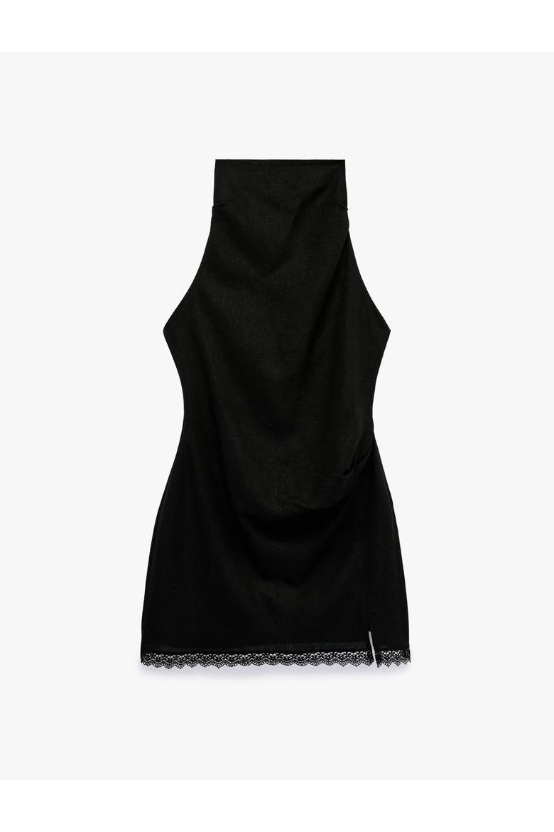 Linen Blend Sleeveless Funnel Neck Satin Mini Dress with Lace Detail, Main, color, BLACK