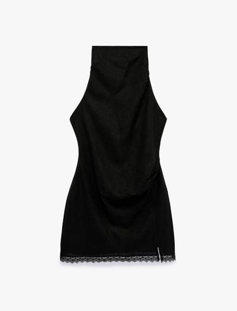 Linen Blend Sleeveless Funnel Neck Satin Mini Dress with Lace Detail