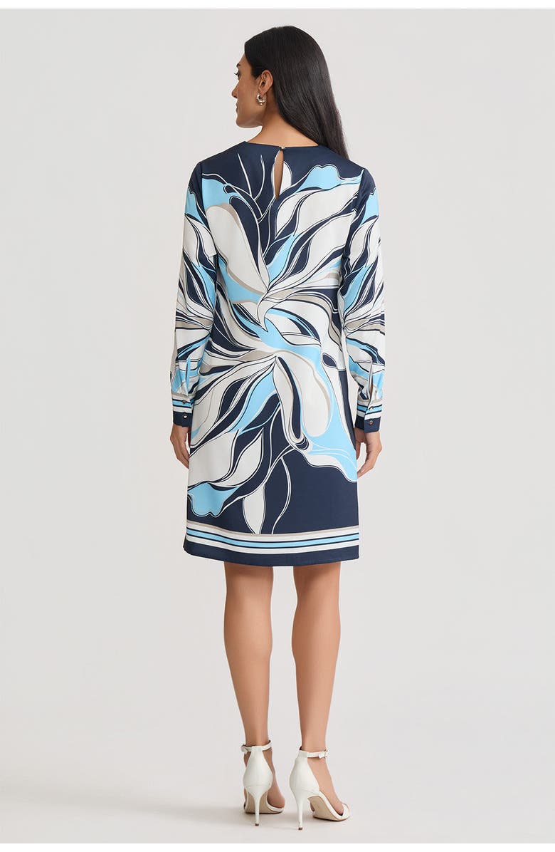 Ming Wang Floral Abstract Crepe de Chine Shift Dress, Alternate, color, Indigo/White/Serene