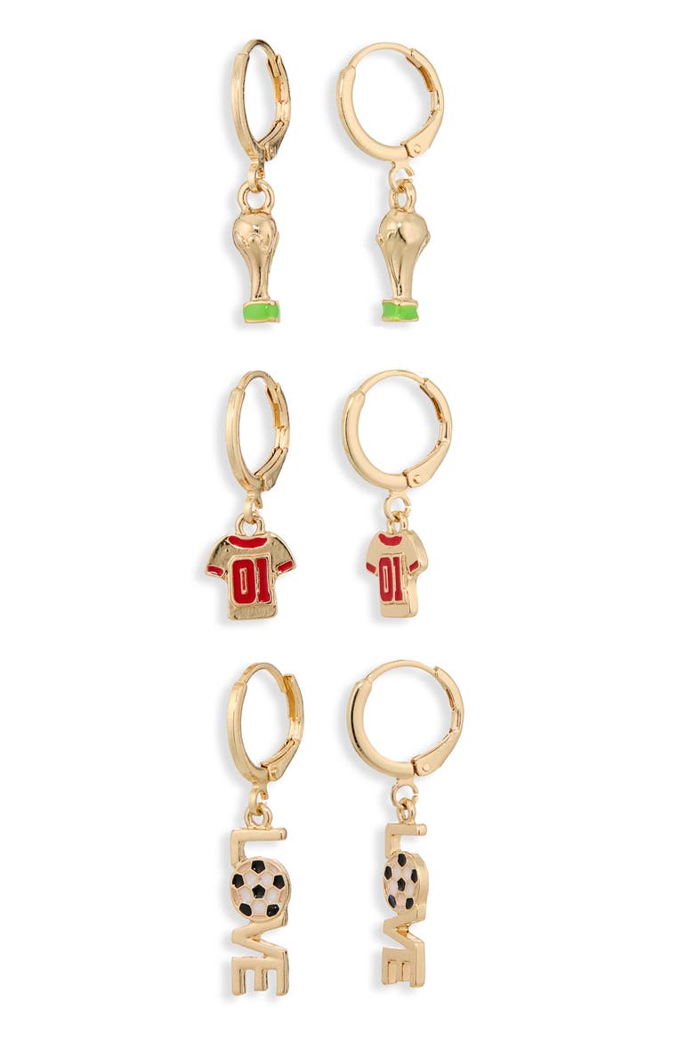 Set of 3 Soccer Charm Hoop Earrings, Main, color, RED MULTI- GOLD