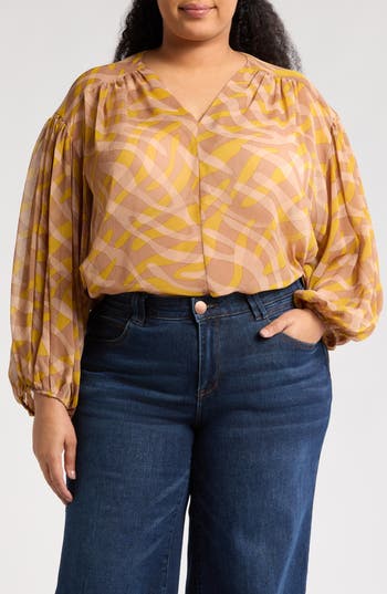 Shop Renee C Long Sleeve Semisheer Top In Mustard