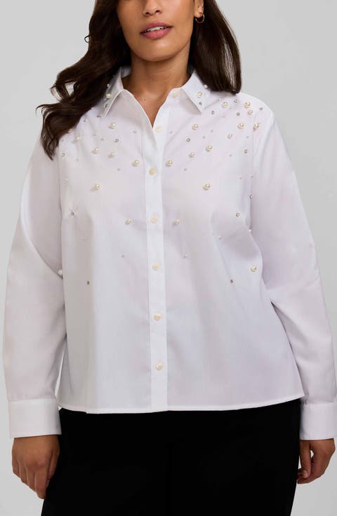 Jodie Faux Pearl & Rhinestone Button-Up Shirt