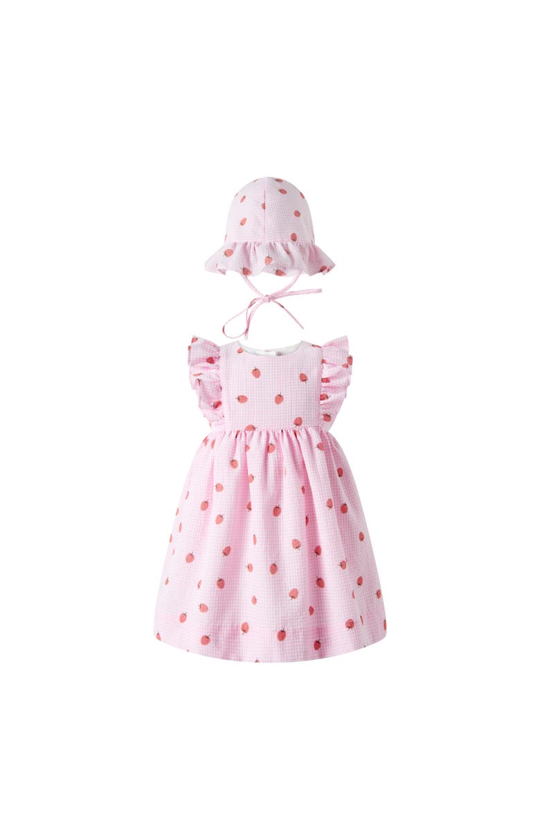 Rachel Riley Strawberry Gingham Sundress & Hat, Main, color, Pink