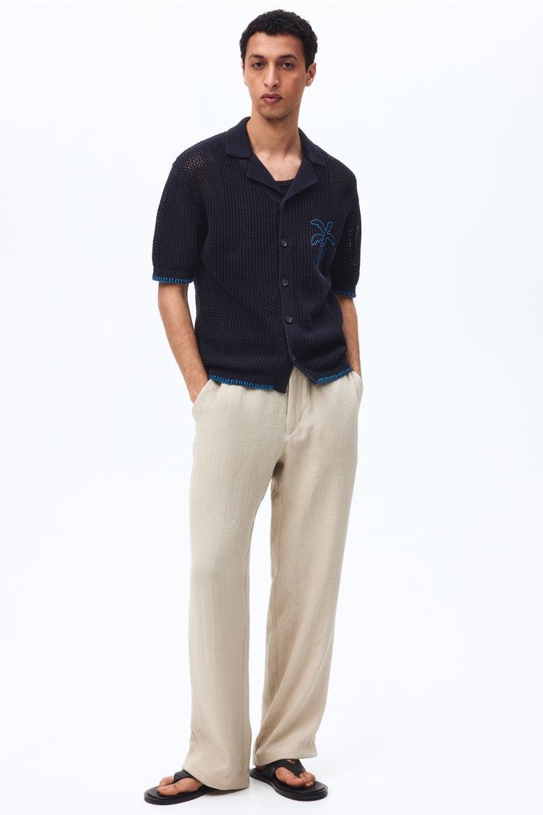 Relaxed Fit Hole-knit Resort Shirt, Alternate, color, Navy blue/palm tree