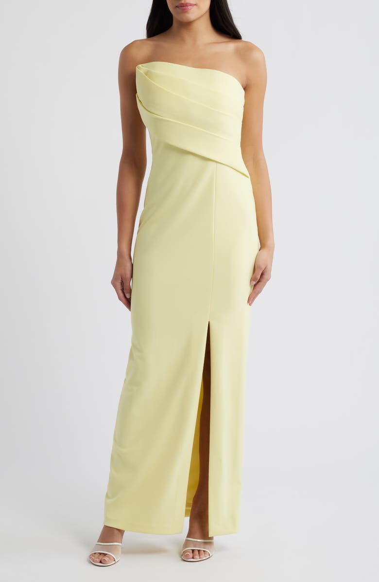 Vince Camuto Origami Pleated Strapless Column Gown, Main, color, Buttercup