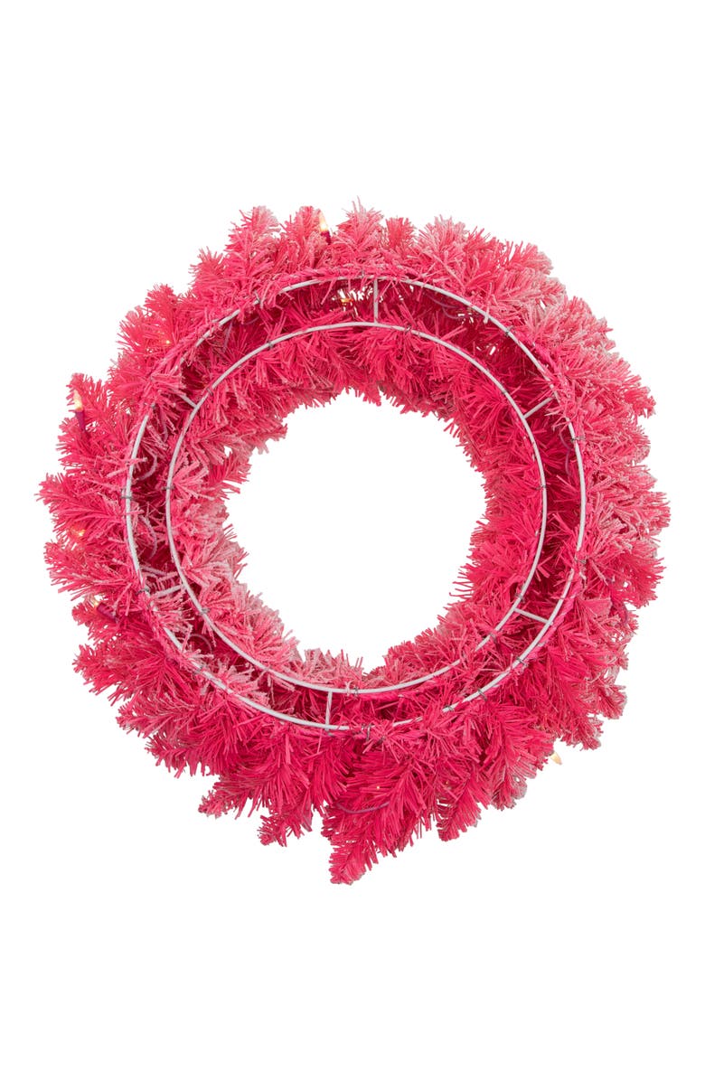 Northlight Pre-Lit Flocked Pink Artificial Christmas Wreath - 24"- Clear Lights, Alternate, color, Pink