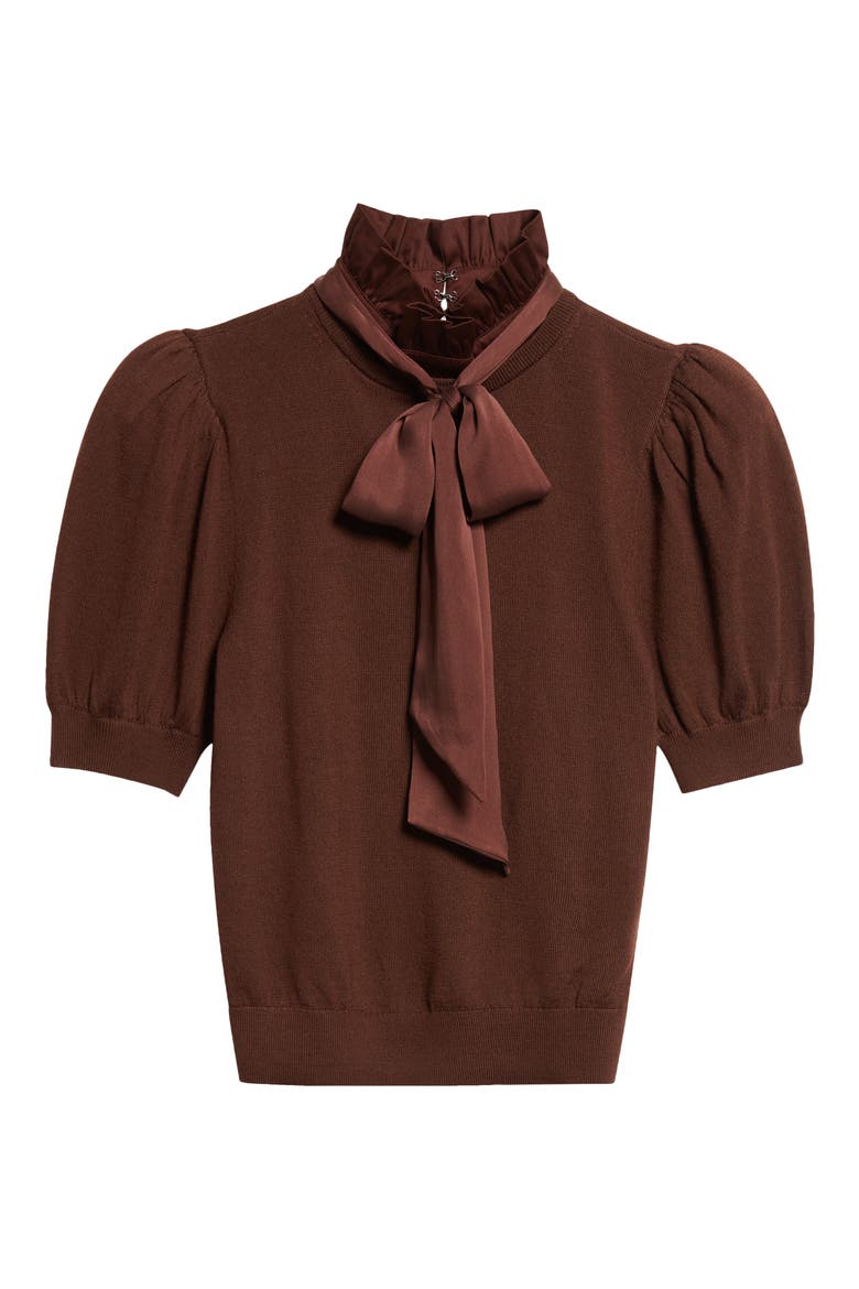 Chase Ruffle Tie Neck Stretch Wool Sweater, Alternate, color, DARK CHOCOLATE
