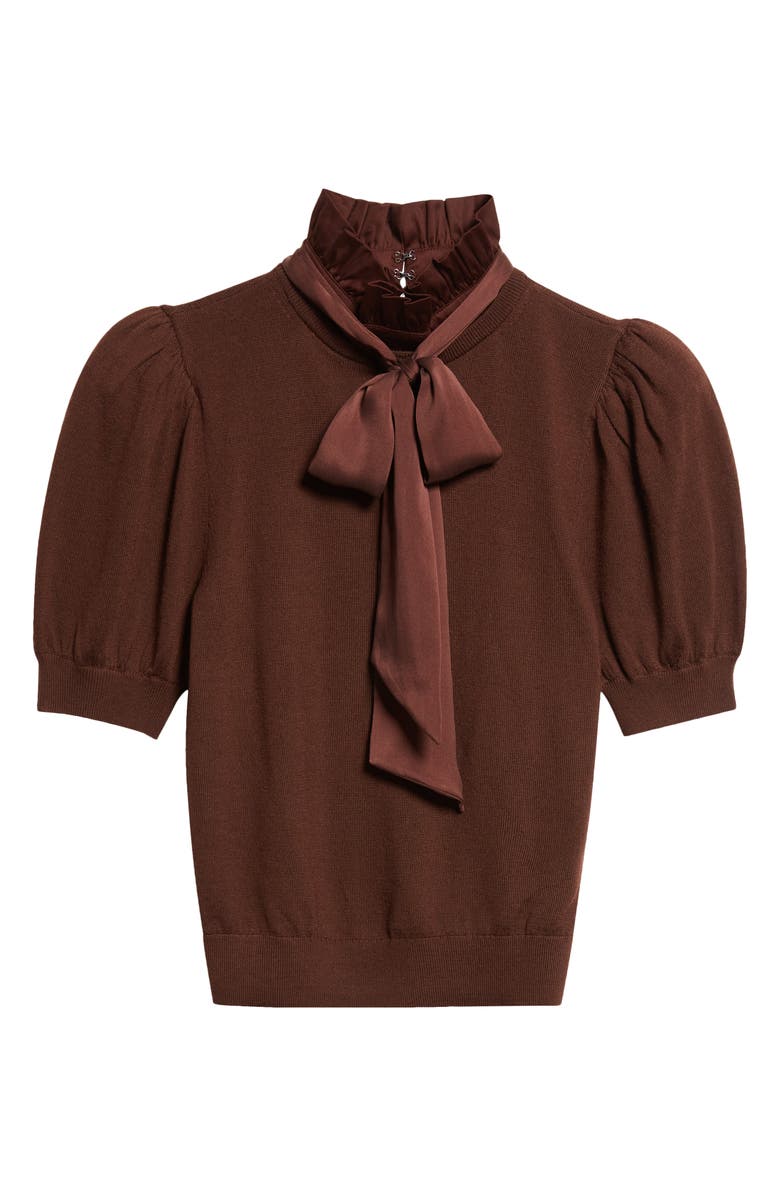 Alice + Olivia Chase Ruffle Tie Neck Stretch Wool Sweater, Alternate, color, Dark Chocolate